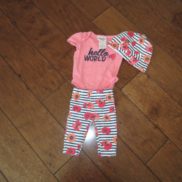 Little Lass Other - Pink Black Floral Stripe Shirt Pant Hat Set 0-3 M